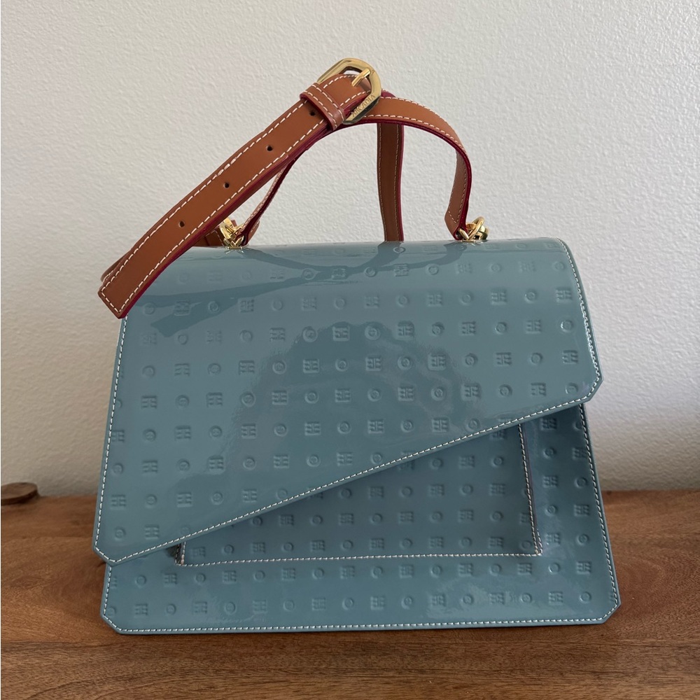 Arcadia Greenish Blue Crossbody Bag with Tan Strap
